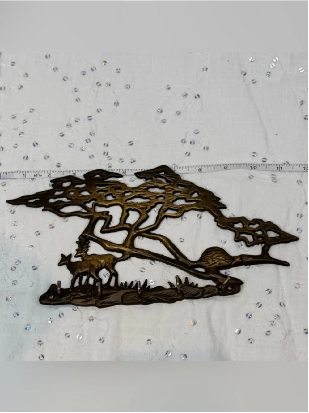 Vintage Mid Century Solid Brass Deer & Pine Tree Wall Key Rack- 5 Hooks 12”